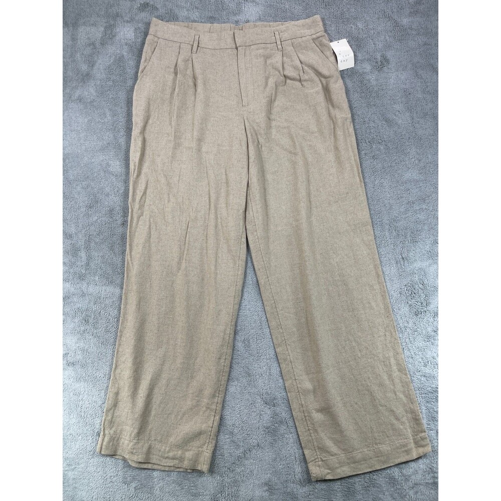 A New Day Dress Pants Womens 14 Tan Linen Pockets Pleated High-Rise Straight Leg